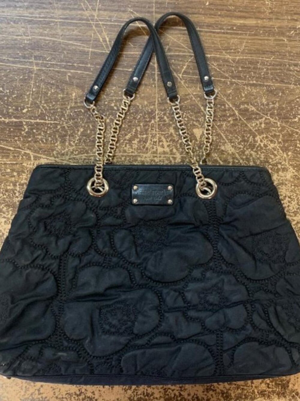 Kate Spade Tote Shoulder Bag Quilted Black Floral Pattern Gold Chain Leather